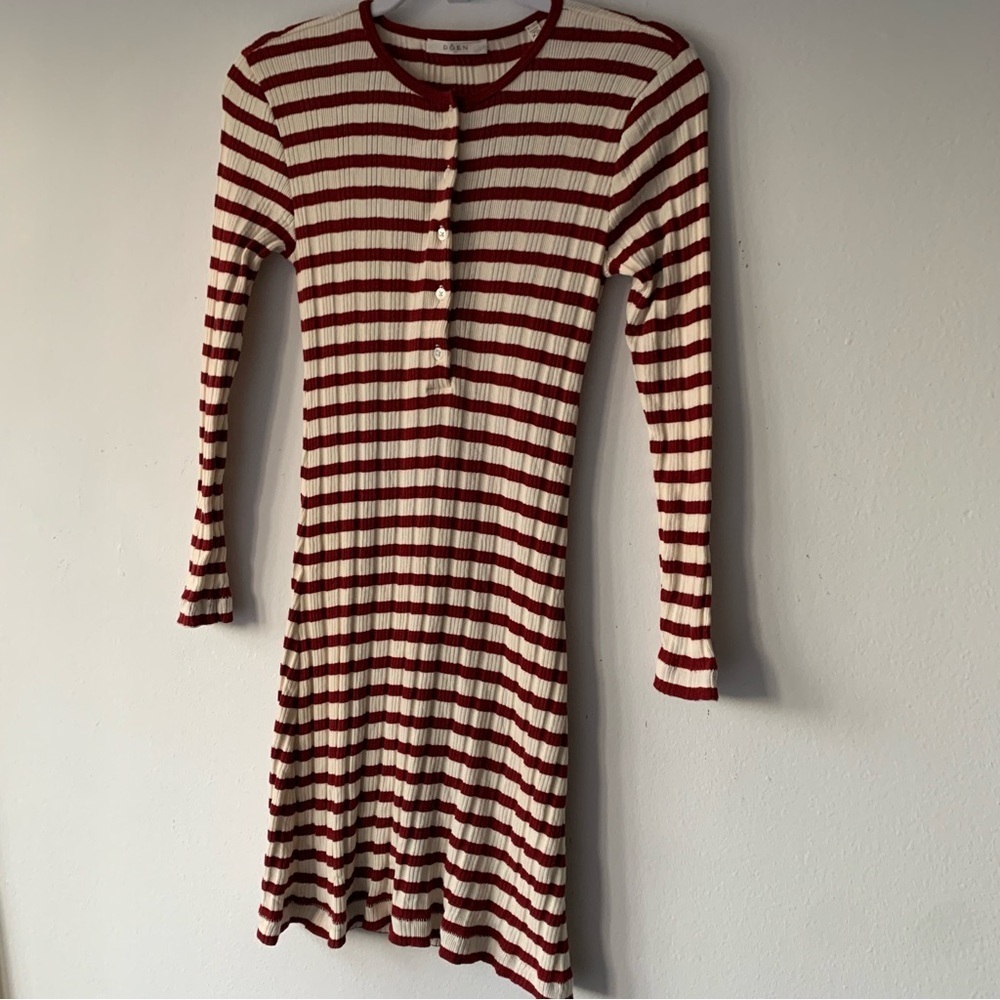 Doen Como Cotton Button Henley Long Sleeve Mini Dress Auburn San Simeon Stripe - Picture 8 of 13
